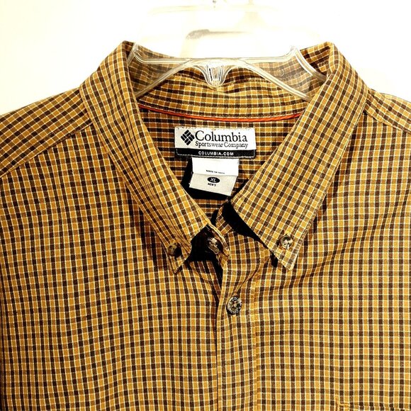 Columbia Men XL Shirt Brown Check Cotton Button Down Button Collar Casual Preppy - Picture 3 of 7